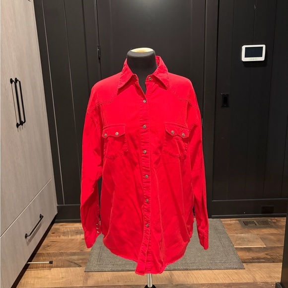 clementine Tops - Vintage Red Western Snap Button Shirt | 90s Cotton Workwear Oversized XL
